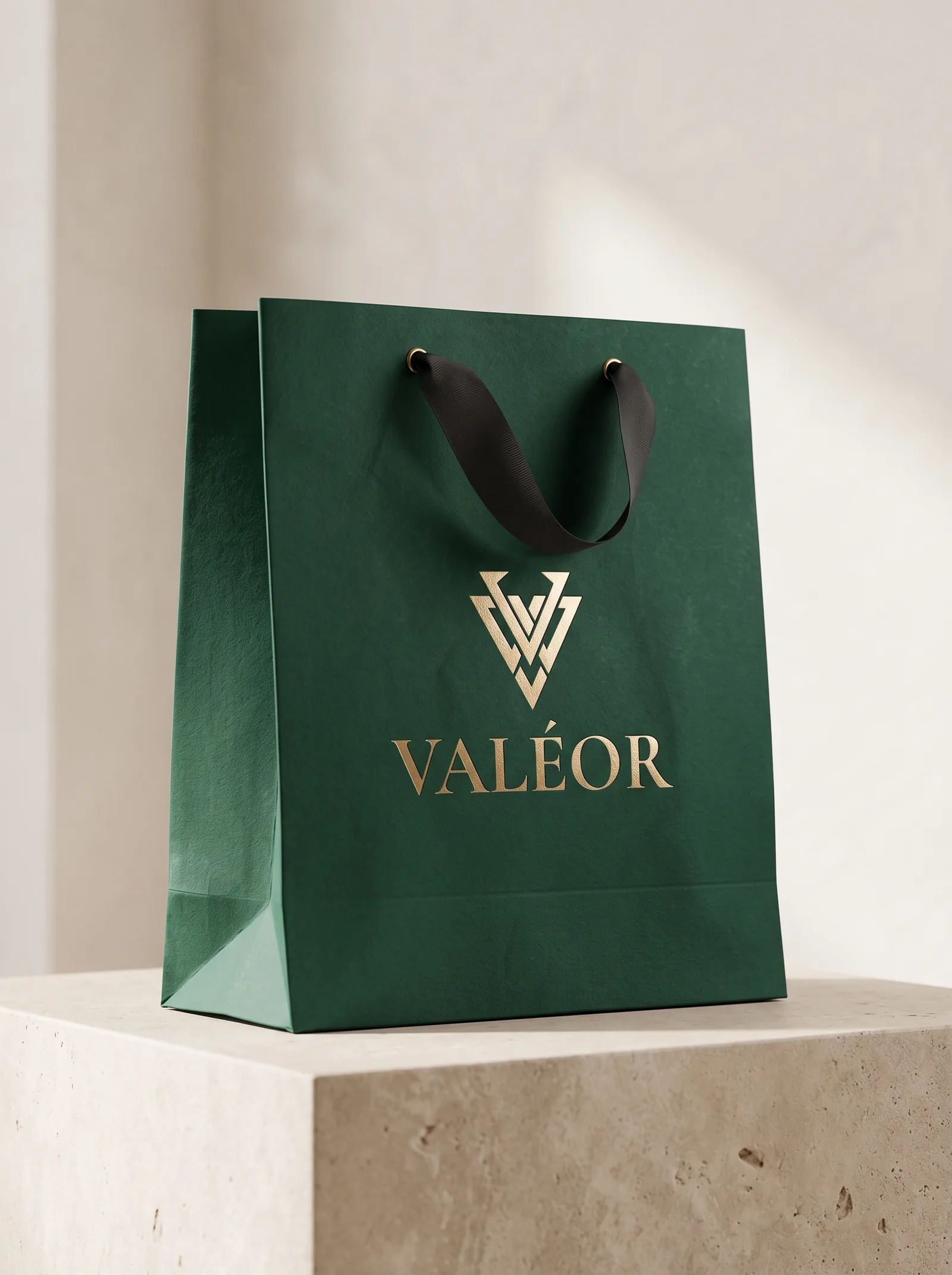 جانتای کڕینی سەوزی VALÉOR بە لۆگۆیەکی ئاڵتوونی، لەسەر پایەیەکی بەردی تراڤەرتین